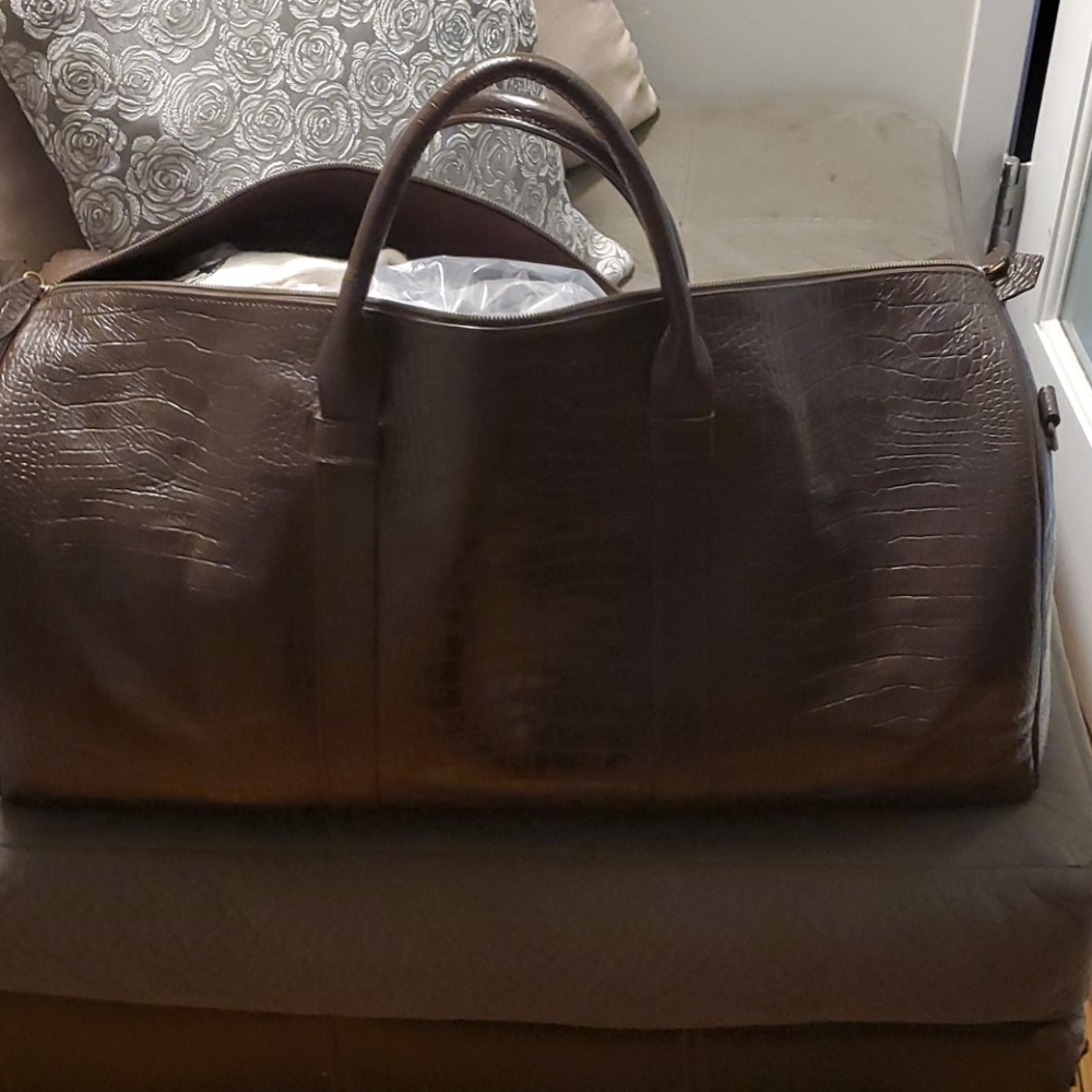 Hand-made brown croc duffel bag